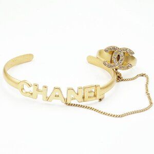Chanel Vintage Gold CC Crystal Ring Chained Letter Cuff bracelet